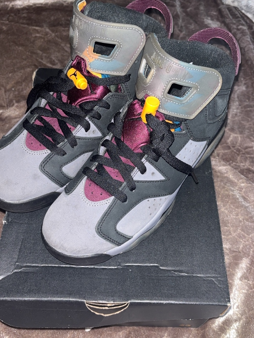 Jordan Kids Gray and Burgundy High-Top Sneakers with Black Accents